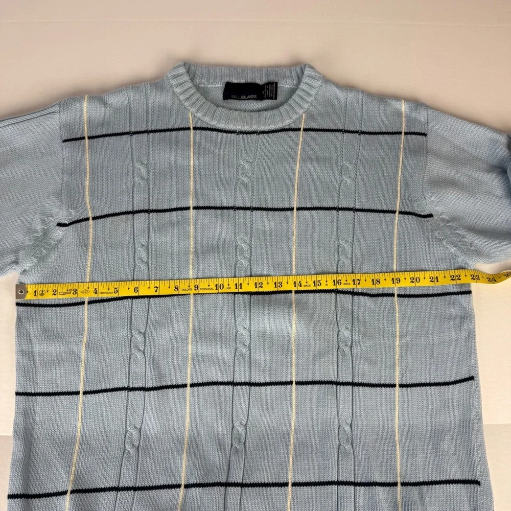 Bill‎ Blass Mens Light Blue Cotton Cable Knit Windowpane Crewneck Sweater XL